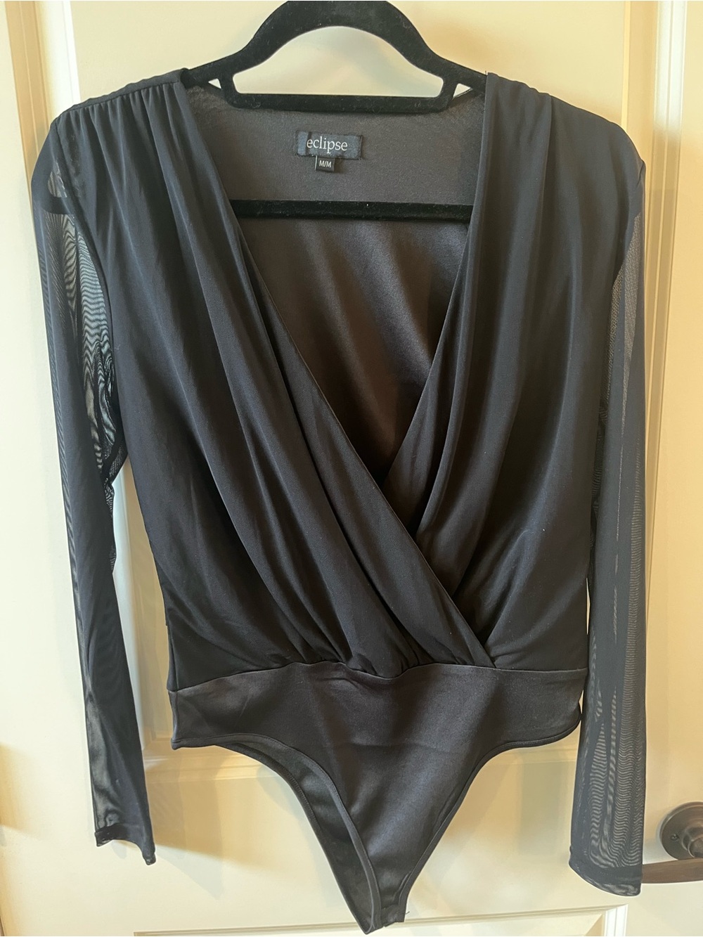 Eclipse Black Wrap Front Long-Sleeve Bodysuit